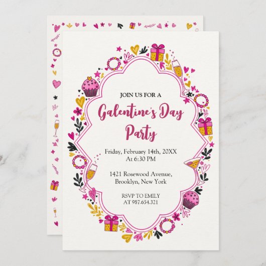 Decorative Galentines Invitation Oval Frame Kaart (Voorkant / Achterkant)