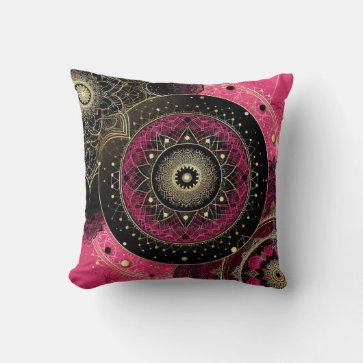 Decorative Mandala Pink and Black Throw Cushion Kussen (Voorkant)
