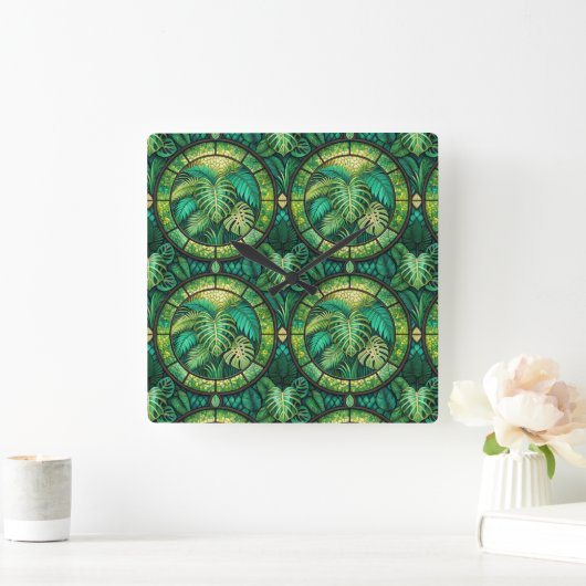 Decorative panel with a lush green tropical  vierkante klok (Huis)