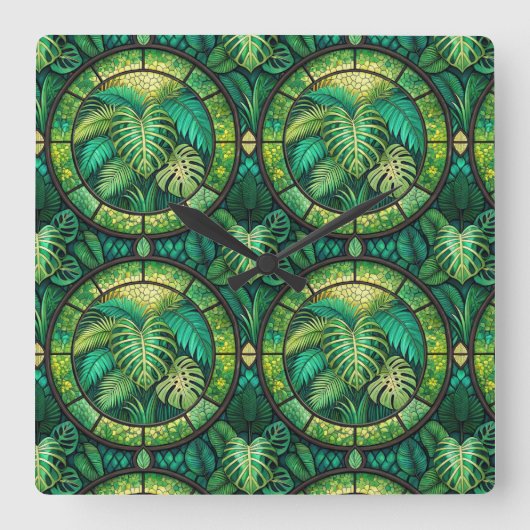 Decorative panel with a lush green tropical  vierkante klok (Voorkant)