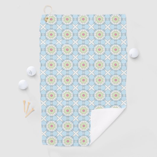 Decorative pastel blue geometric patterned  golfhanddoek (Insitu)