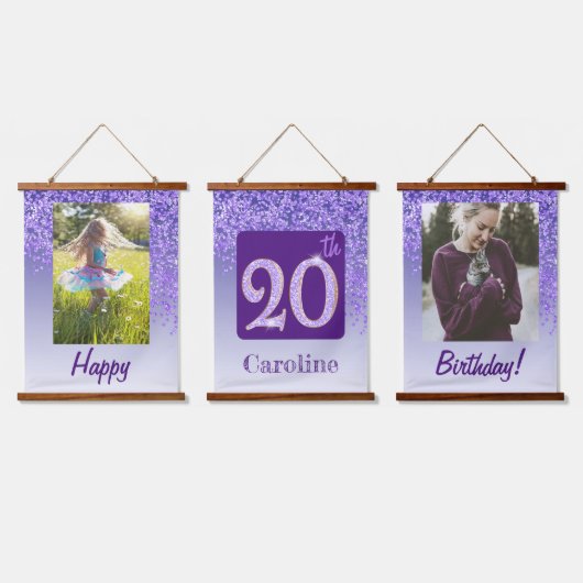 Decorative Purple Glitter 2 Photos 20th Birthday Hangend Wandkleed (Driedubbel)