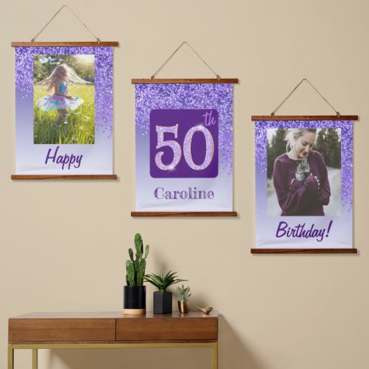 Decorative Purple Glitter 2 Photos 50th Birthday Hangend Wandkleed (Asymmetrisch)