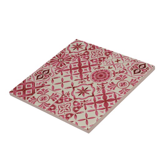 Decorative Red Azulejo Tile Patchwork Pattern Tegeltje (Zijkant)