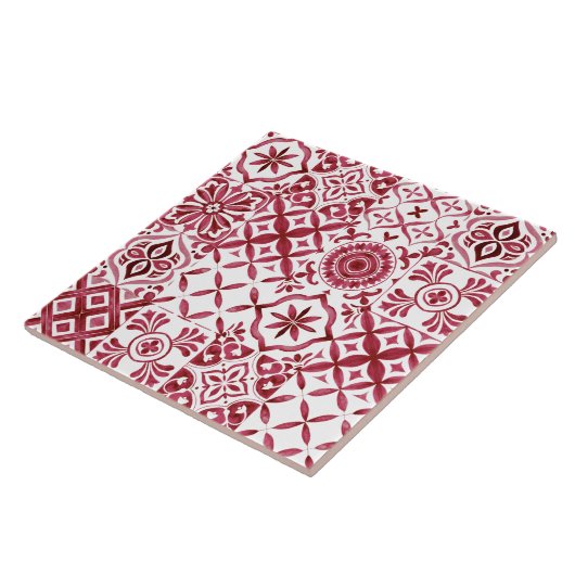 Decorative Red Azulejo Tile Patchwork Pattern Tegeltje (Zijkant)
