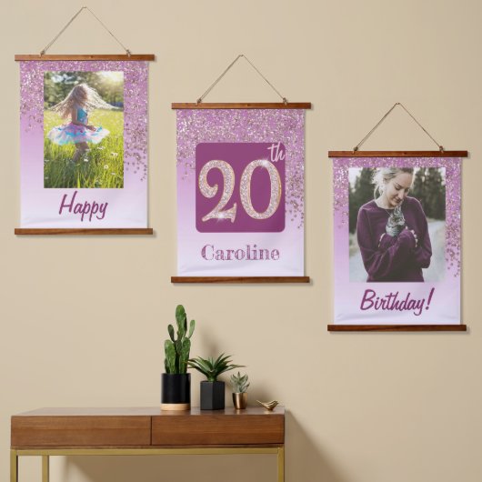 Decorative Rose Gold Glitter, Photos 20th Birthday Hangend Wandkleed (Asymmetrisch)