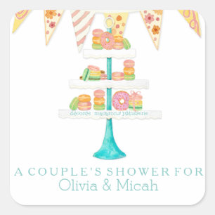 Décorée Macarons Pâtisserie Bunting Couples Douche Vierkante Sticker