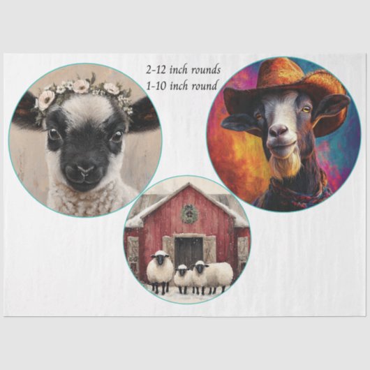 Decoupage 12 & 10" Ronde Boerderijdieren Tissuepapier (Voorkant)
