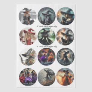 Decoupage 12 Heksen Onderzetter Set 4" Cirkel Ontw Tissuepapier