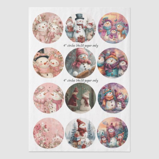 Decoupage 12 Whimsical Sneeuwman 4" Coaster Set Tissuepapier (Voorkant)