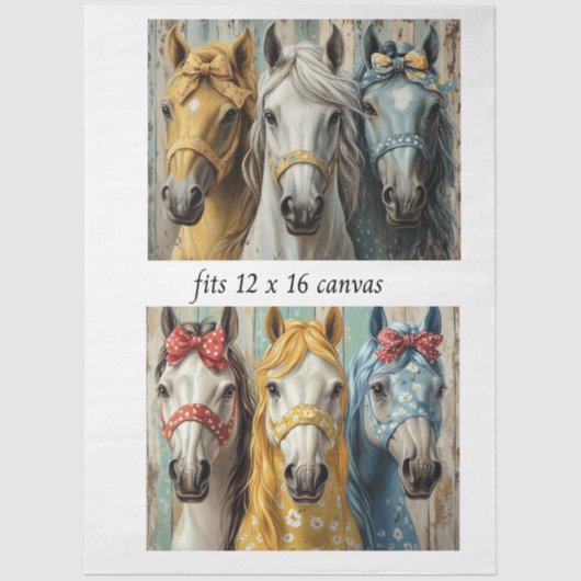 Decoupage 12x16 Whimsical 3 Panel Horses  Tissuepapier (Voorkant)