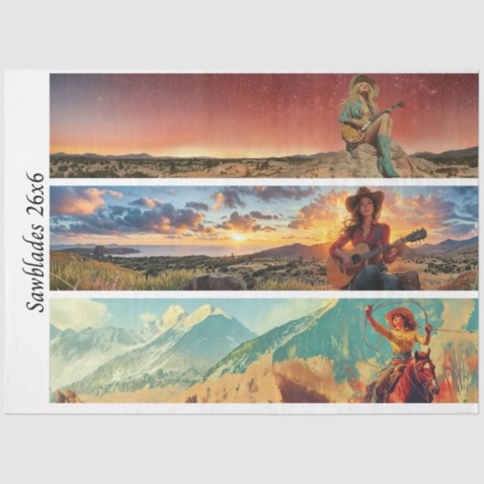 Decoupage 26x6" Cowgirl Western Designs Handsaws Tissuepapier (Voorkant)