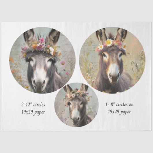 Decoupage 2-12" Circle & 8" Whimsical Donkey Trio Tissuepapier (Voorkant)