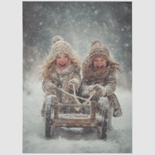 Decoupage 2 Children Laughing & Sledding Snow Fall Tissuepapier (Voorkant)