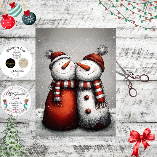 Decoupage 2 Sneeuwmannen Rood Gestreepte Sjaals Wi Tissuepapier