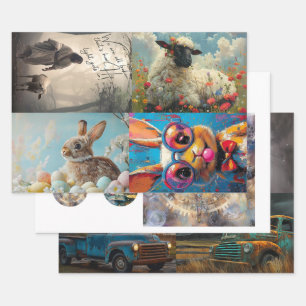 Decoupage 3 Ontwerpen Pasen, Vrachtwagens, Onderze Inpakpapier Vel