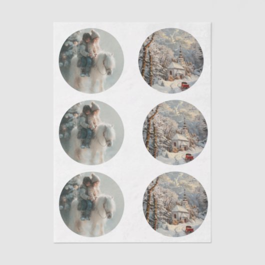 Decoupage 3" Snow Globe Moulds Child Horse Winter Tissuepapier (Voorkant)