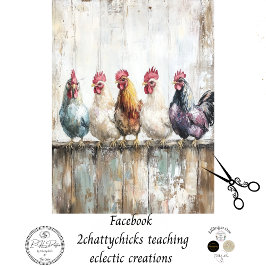 Decoupage 5 Kippen op een Schutting 18x24 Canvas Tissuepapier