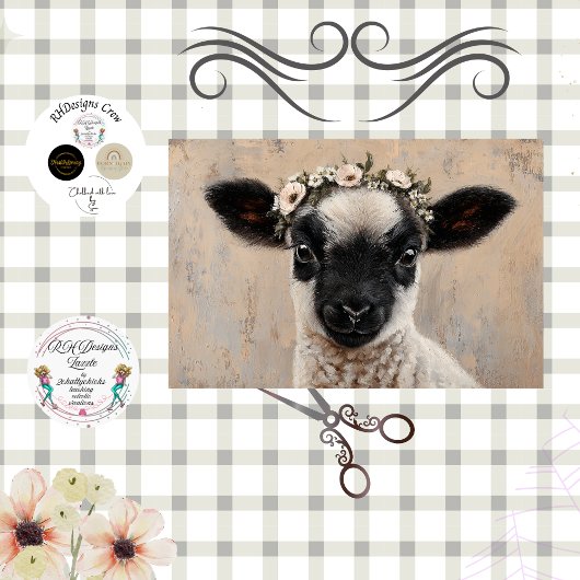 Decoupage Black Face Lamb Floral Crown Tissuepapier