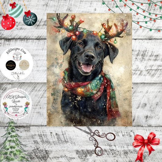 Decoupage Black Lab Christmas Lights Antlers  Tissuepapier