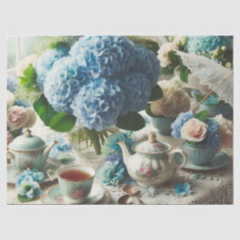 Decoupage Blauwe Hortensia en Theekan Tissuepapier