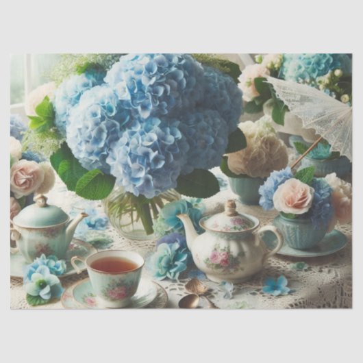 Decoupage Blauwe Hortensia en Theepot Tissuepapier (Voorkant)