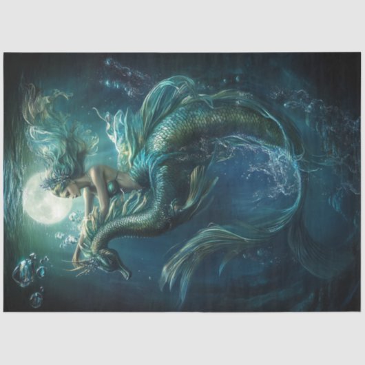 Decoupage Blauwe Zeemeermin op Zee Dragon Bubbles Tissuepapier (Voorkant)