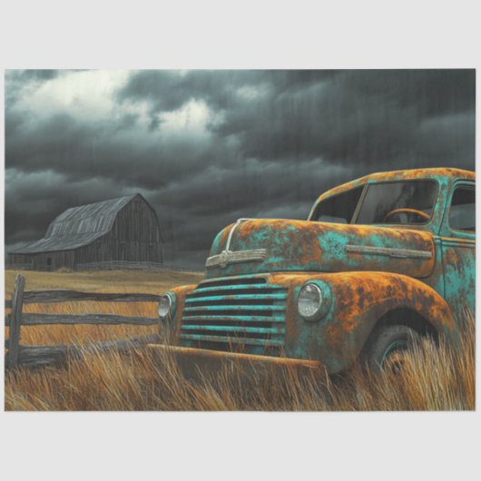 Decoupage  Blauwgroen Truck Boerderij & Het Storm Tissuepapier (Voorkant)