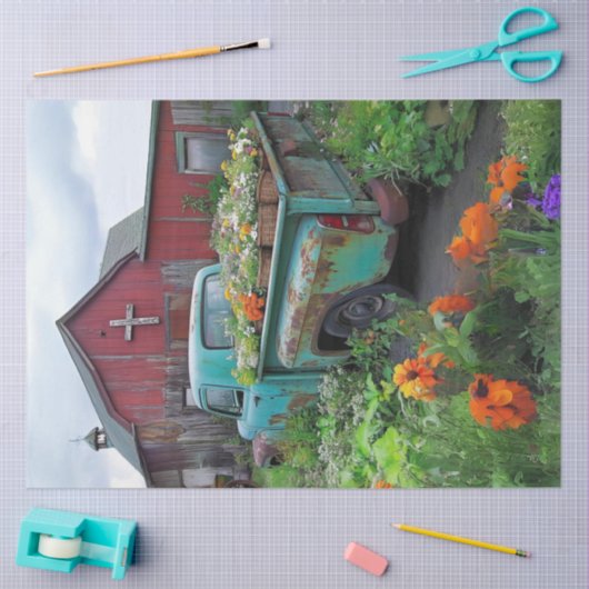 Decoupage Blauwgroen vrachtwagen geladen met bloem Tissuepapier (Craft)