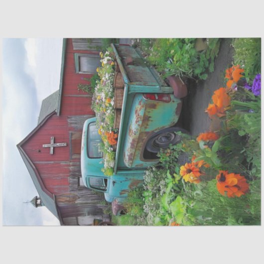 Decoupage Blauwgroen vrachtwagen geladen met bloem Tissuepapier (Voorkant)