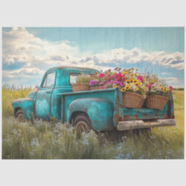 Decoupage  Blauwgroen Vrachtwagen Veld van Salie G Tissuepapier