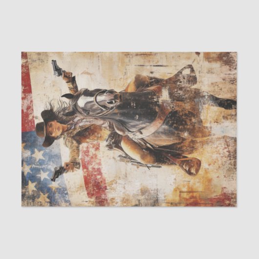 Decoupage Blonde Gunslinger op paard Amerikaanse v Tissuepapier (Voorkant)