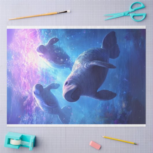 Decoupage Blue Caribbean Waters Manatee Family Tissuepapier (Craft)