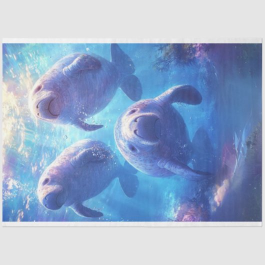 Decoupage Blue Ocean Waters Sad Manatee familie Tissuepapier (Voorkant)