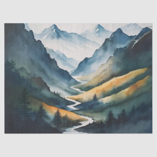 Decoupage Blue Tan Mountain Scene Tissuepapier (Voorkant)