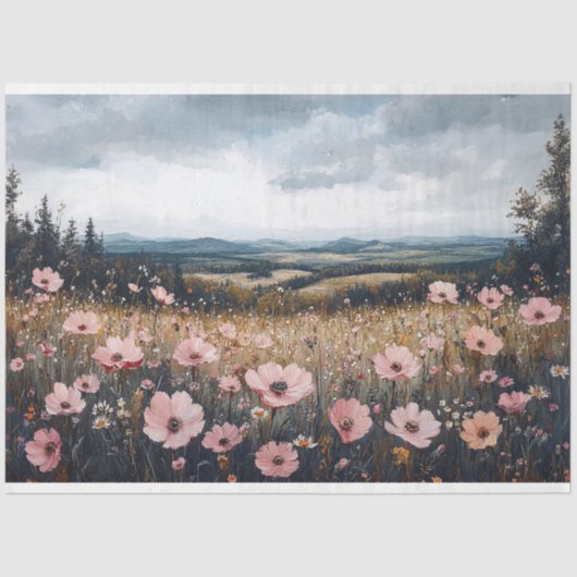 Decoupage Blush Pink Wildflowers Landschap Tissuepapier (Voorkant)