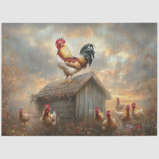 Decoupage Boerderij Haan op Shed Vibrant Plumage Tissuepapier (Voorkant)
