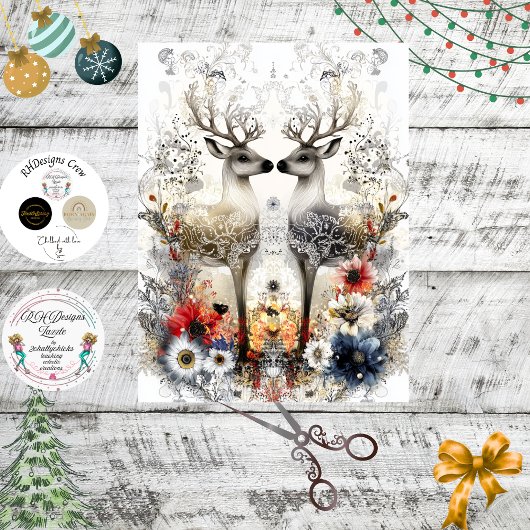 Decoupage Bold Deer Floral Christmas Art Print  Tissuepapier