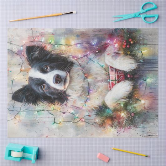 Decoupage Border Collie Kleurrijke kerstverlichtin Tissuepapier (Craft)