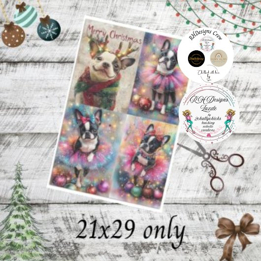 Decoupage Boston Terrier gewei & kerstverlichting Tissuepapier