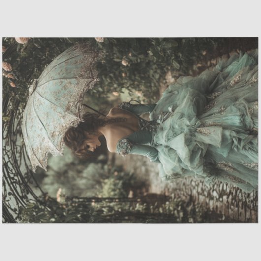 Decoupage Brunette Victoriaans Jurk Bloemen Parapl Tissuepapier (Voorkant)