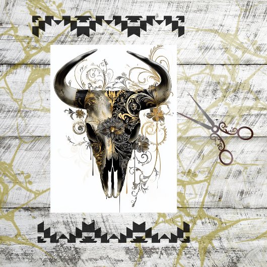 Decoupage Bull Skull  Art Nouveau Bloemen Tissuepapier