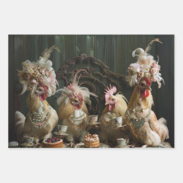 Decoupage  Chickens having Een Tea Party Inpakpapier Vel