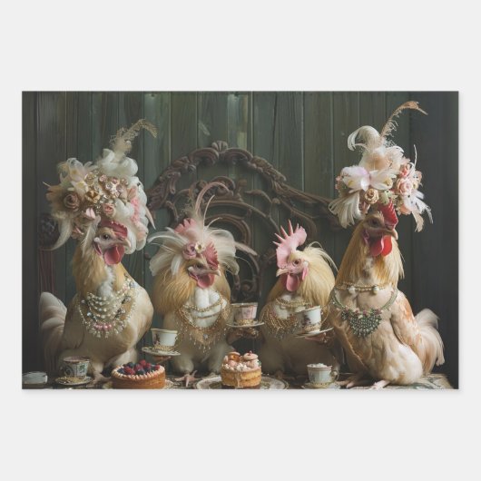 Decoupage  Chickens having Een Tea Party Inpakpapier Vel (Voorkant 3)