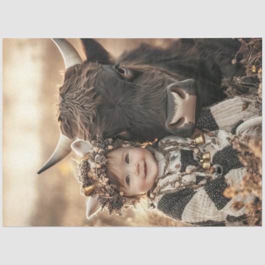 Decoupage Child Highland Koe in het veld Tissuepapier (Voorkant)