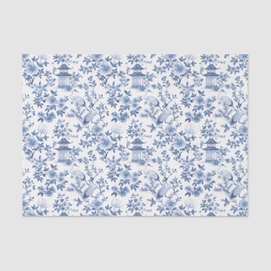 Decoupage Chinoiserie Pagoda Crane Blauw Tissuepapier (Voorkant)