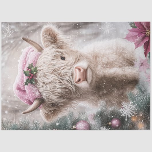 Decoupage Christmas Highland Koe Roze Decor Tissuepapier (Voorkant)