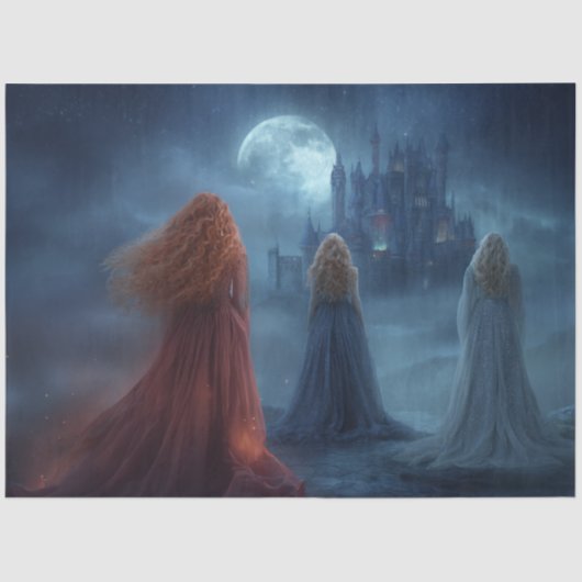 Decoupage Cloaked Women Moonlit Summons Castle.  Tissuepapier (Voorkant)