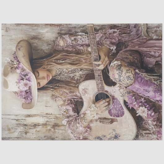 Decoupage Country Girl Gitaar Zanger Lila Jurk Tissuepapier (Voorkant)