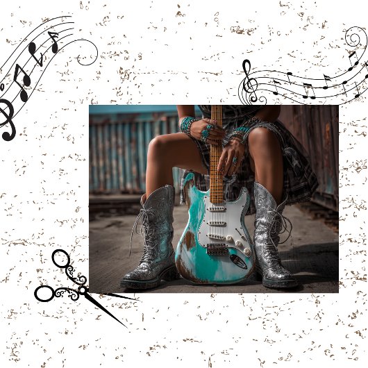 Decoupage Country Girl Turquoise Guitar Strings Tissuepapier
